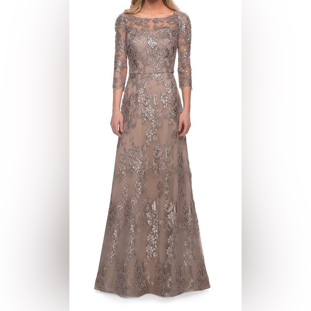 La Femme Silver and Tan Lace Gown